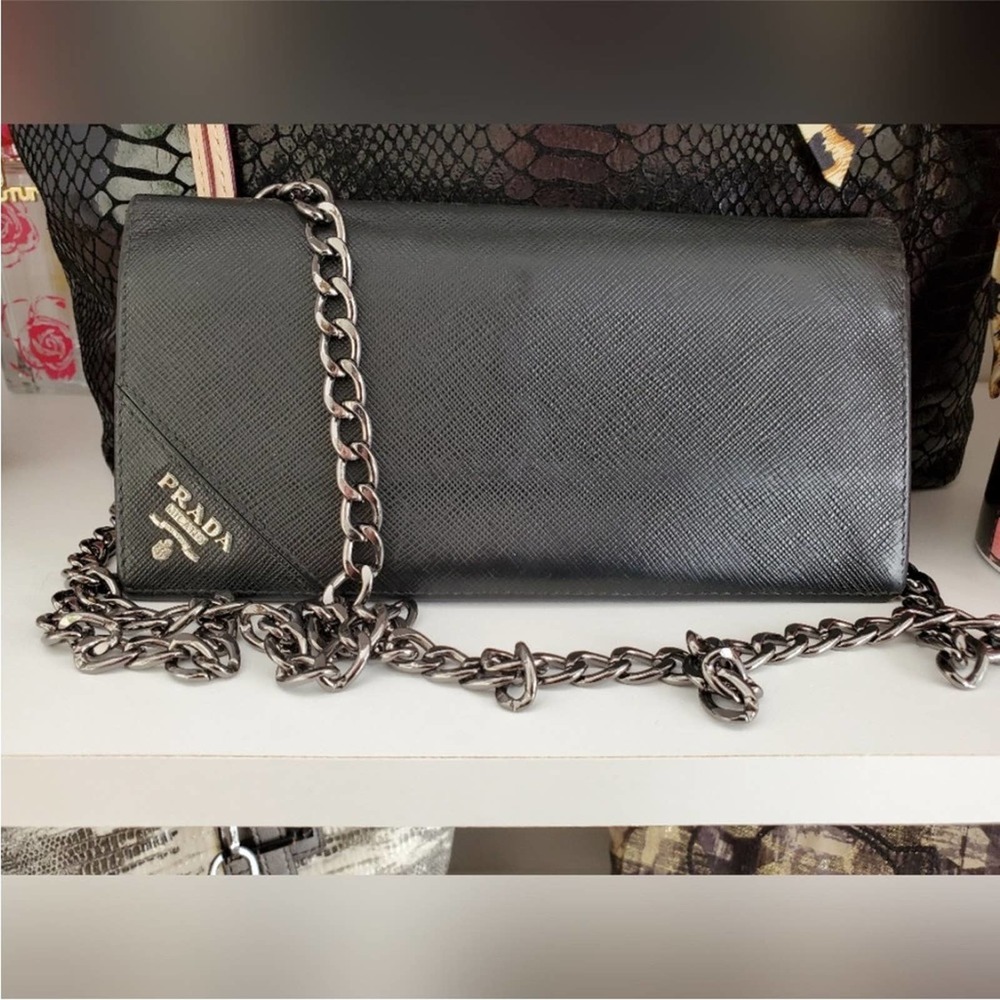 Prada Black Saffiano Leather Chain Wallet